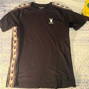 PLAYBOY Black T-Shirt with Iconic Logo and Striped Accents